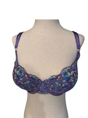 Savage X Fenty Lace Underwire Bra Purple Multicolor Floral Sheer Lingerie NWT